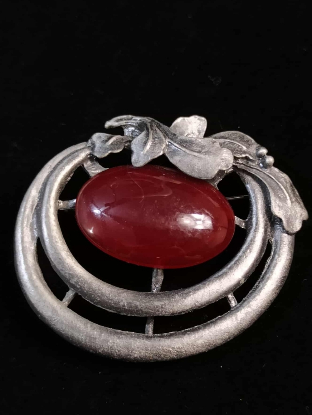 Vintage 50s Brutalist Pewter Brooch Amber Lucite Cabochon Organic Modernist